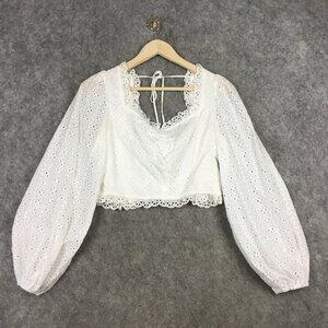 Lumiere Top L Boho Cottage Chic Eyelet Lace Cropped Puff Balloon Sleeve White